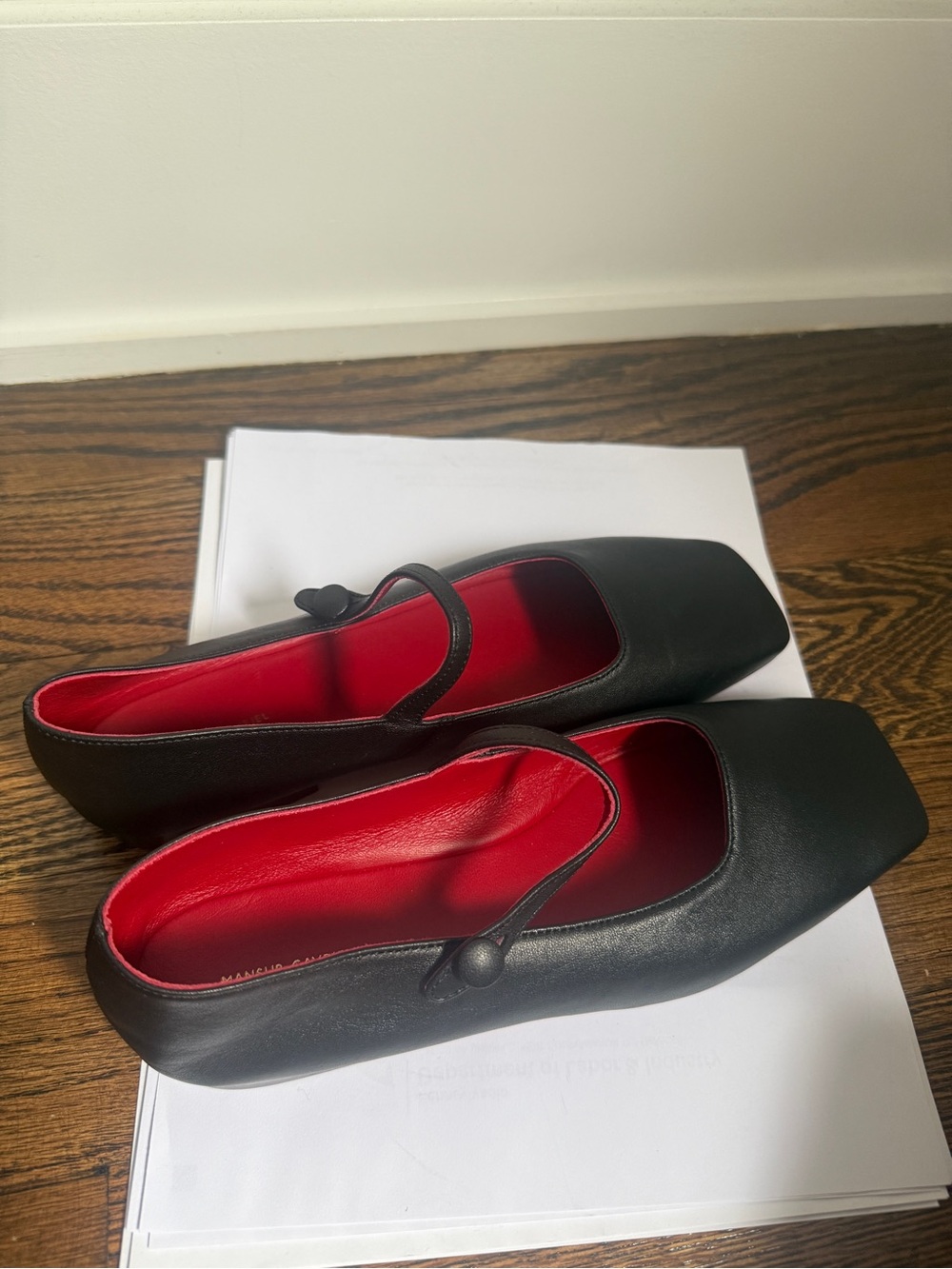 Mansur Gavriel Black Leather Mary Jane Flats with Red Insole Square Toe Sz 36 - Picture 5 of 8